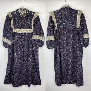 Vintage Sears JR Bazaar Prairie Floral Blue Lace Cottagecore Maxi Dress Large